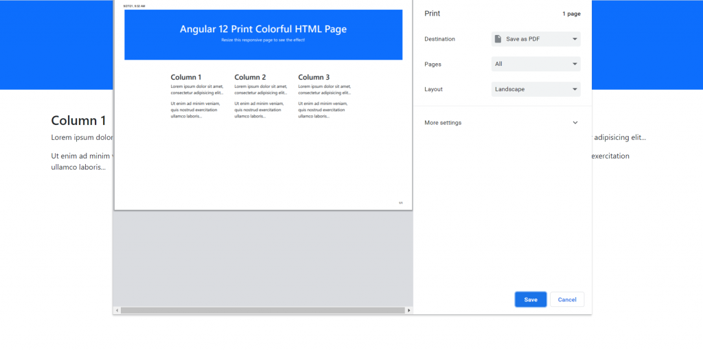 Angular 12 Print Colorful HTML Page Working Example