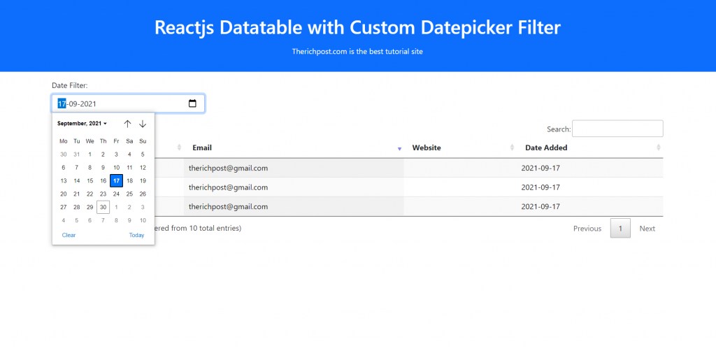 Reactjs Datatable with Custom Datepicker Filter