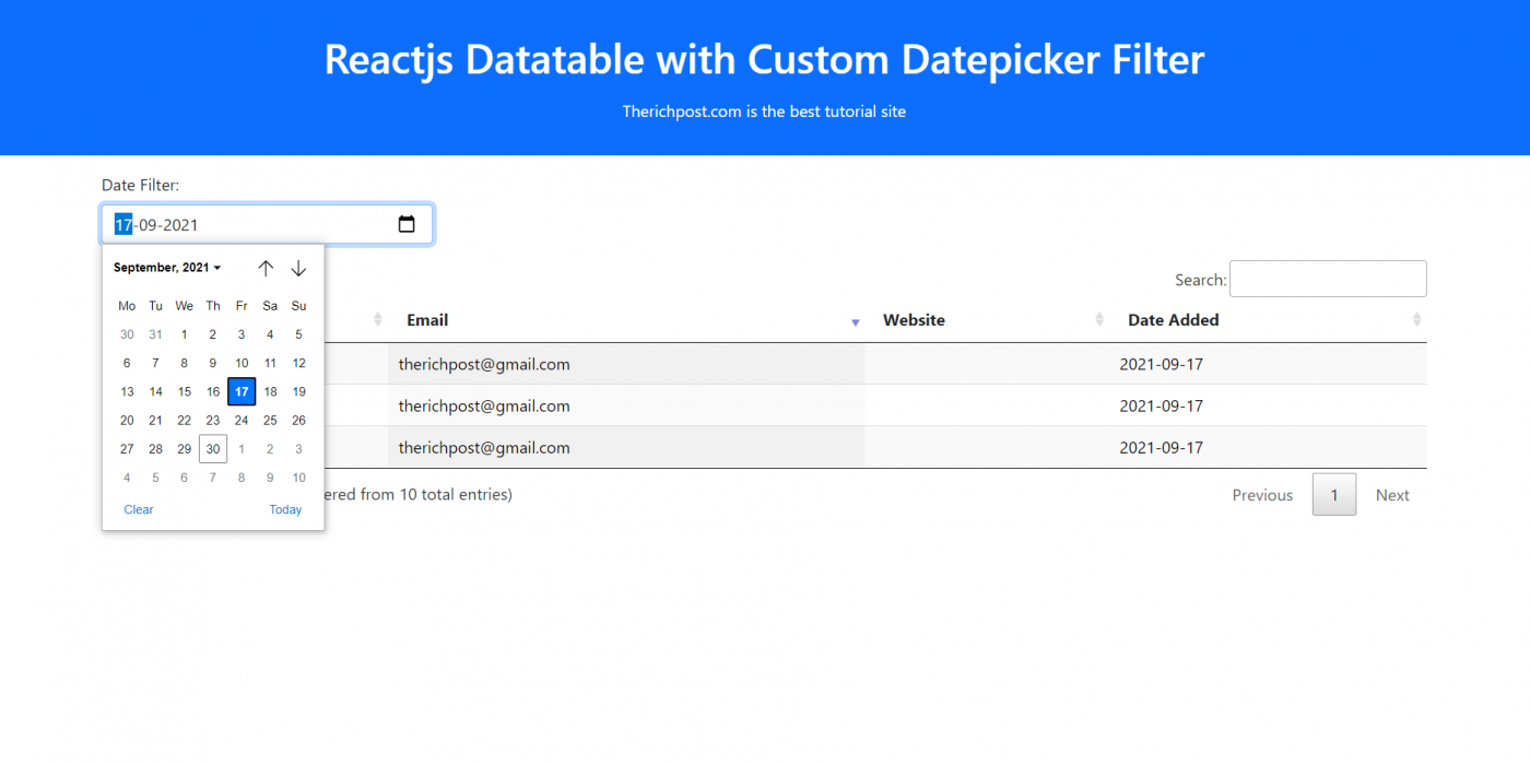 Reactjs Datatable with Custom Datepicker Filter