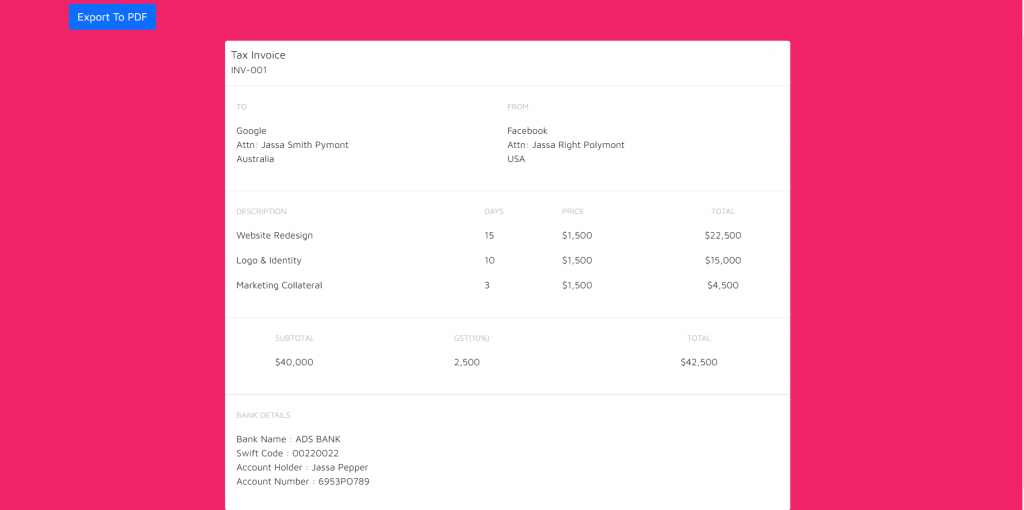 Vue 3 Create Invoice Template and Export to PDF Working Functionality