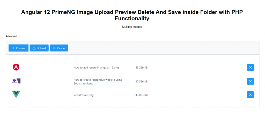 Angular 12 PrimeNG Image Upload Preview Delete And Save inside Folder with PHP Functionality