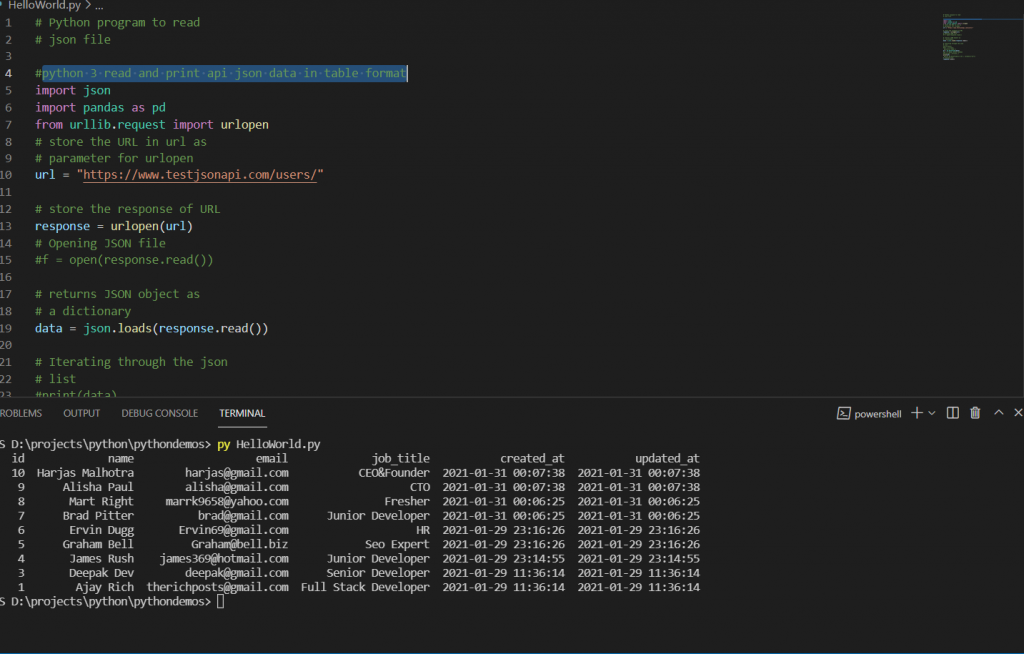 Python 3 Read and Print API JSON Data in Table Format