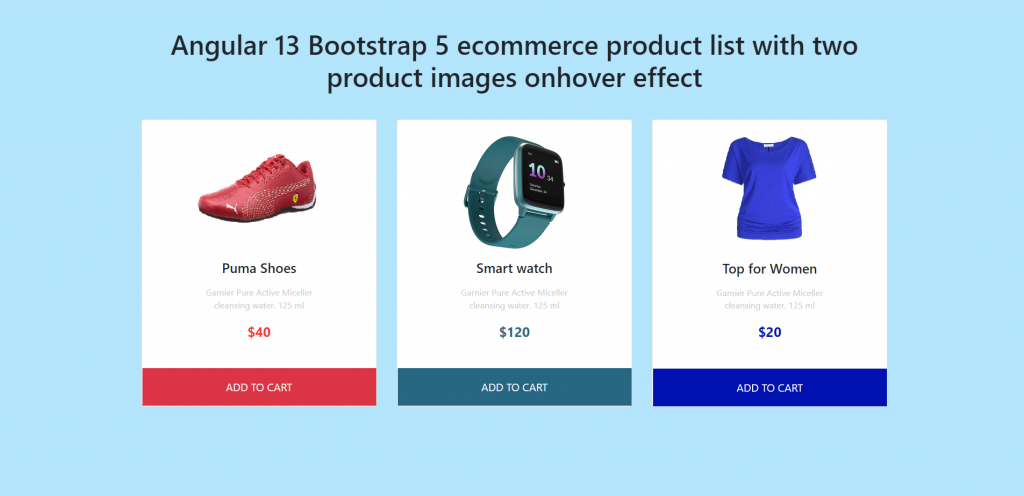 Angular 13 Bootstrap 5 Ecommerce Product List with Image Hover Effect