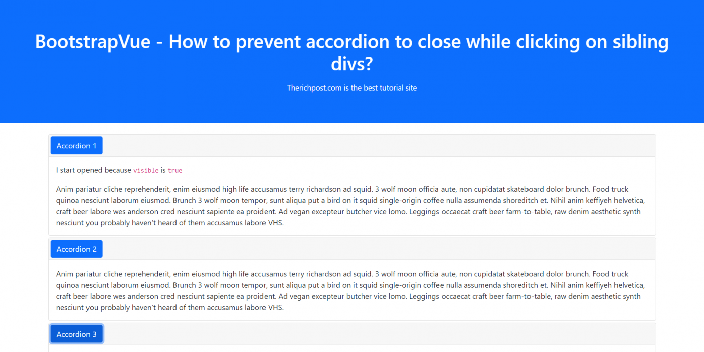 BootstrapVue - How to prevent accordion to close while clicking on sibling divs?