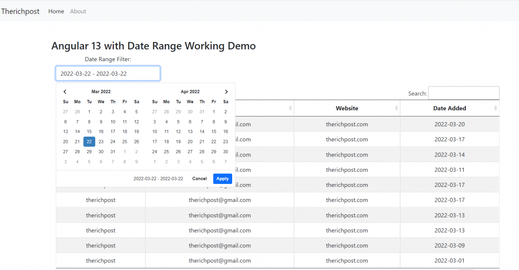 Angular 13 with Date Range Working Demo