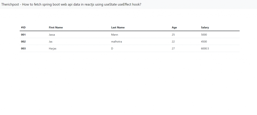 How to fetch spring boot web api data in reactjs using useState useEffect hook?