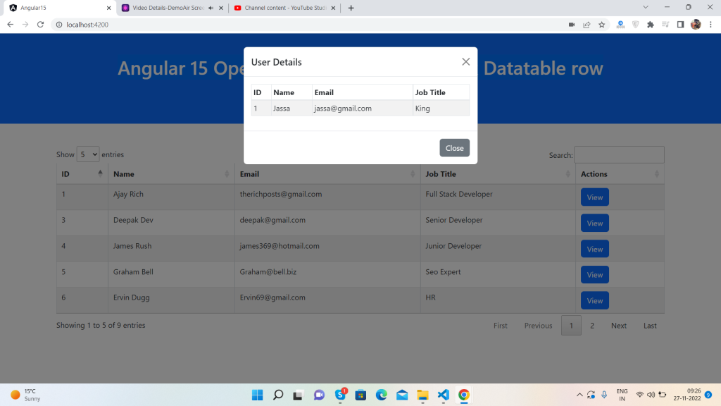 Angular 15 Open Bootstrap Modal on click Datatable row