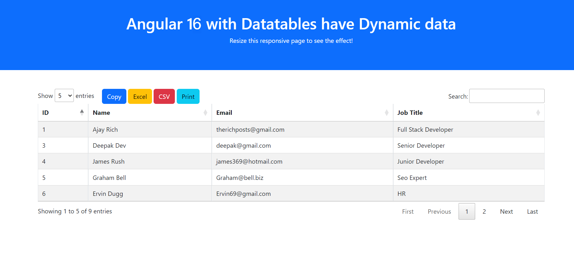 Angular 16 Datatable with Print CSV Excel Copy Buttons