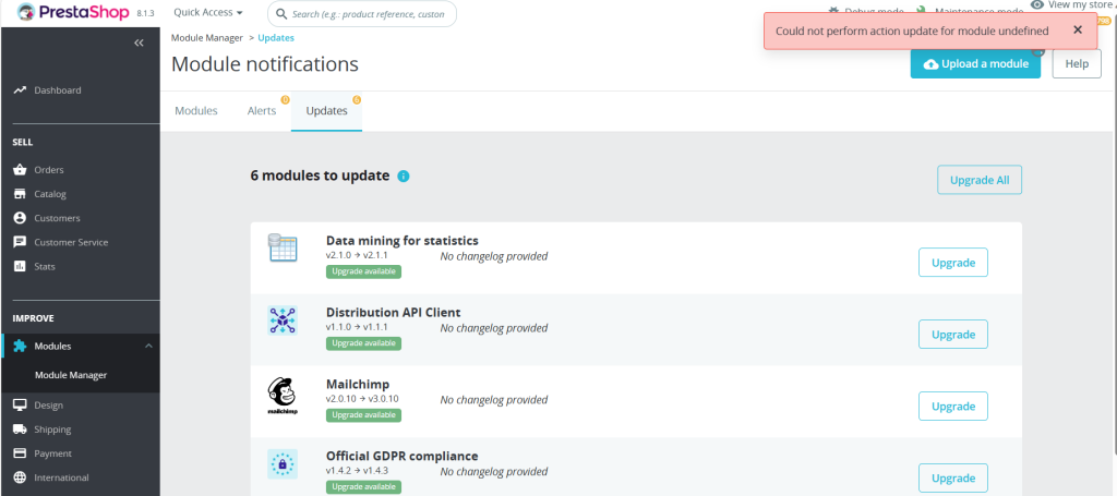 Prestashop Could not perform action update for module undefined - Solved