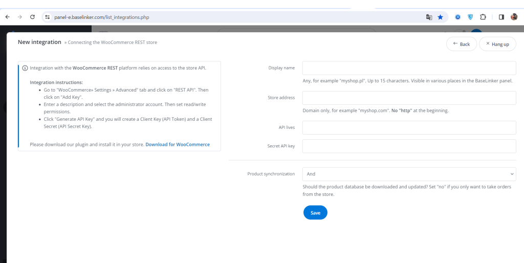 Baselinker Woocommerce connection 2