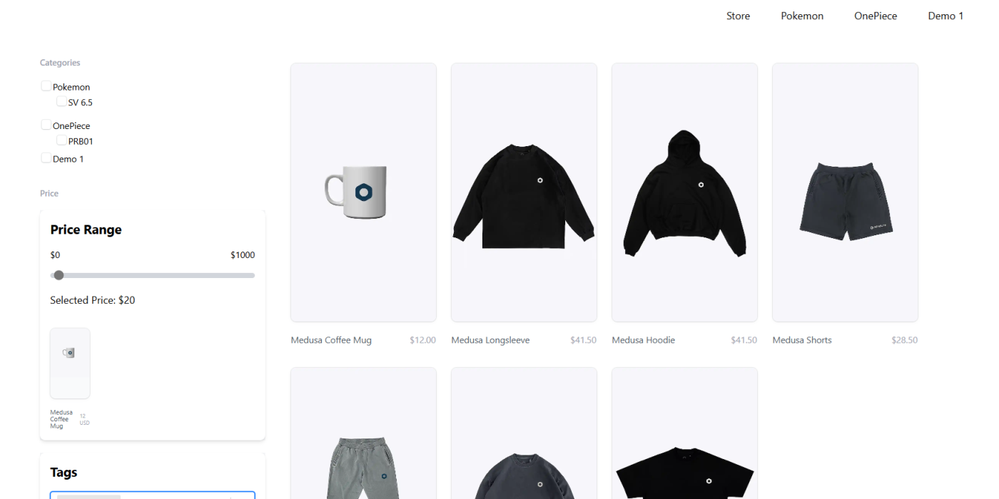 Medusajs Store Page with Custom Filters Working Demo