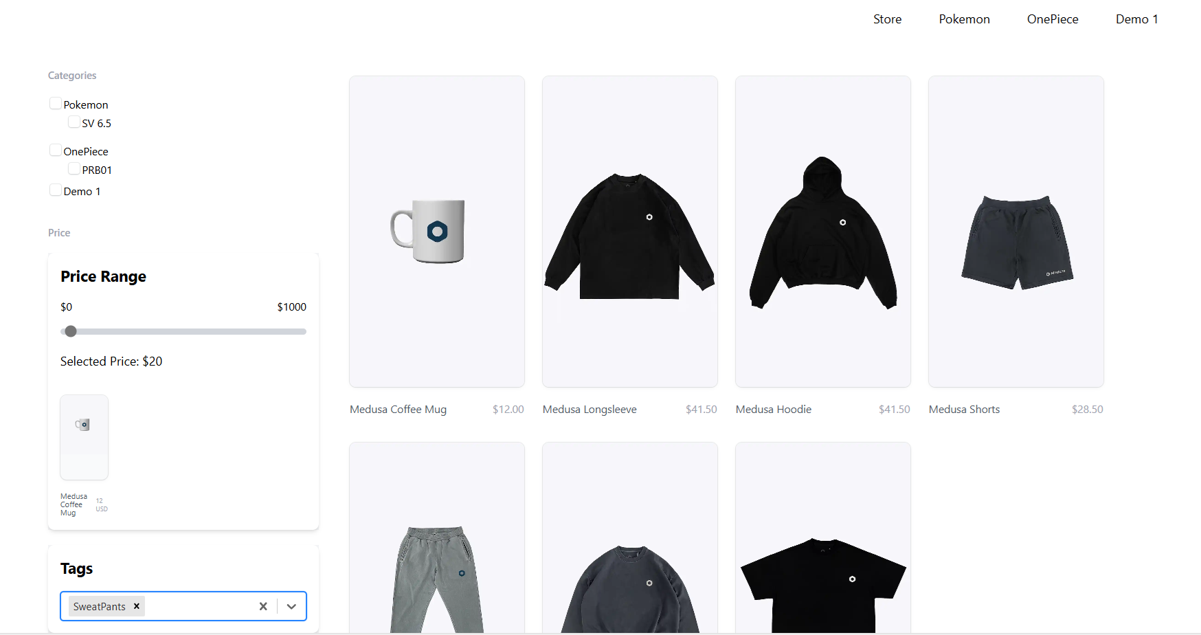 Medusajs Store Page with Custom Filters Working Demo