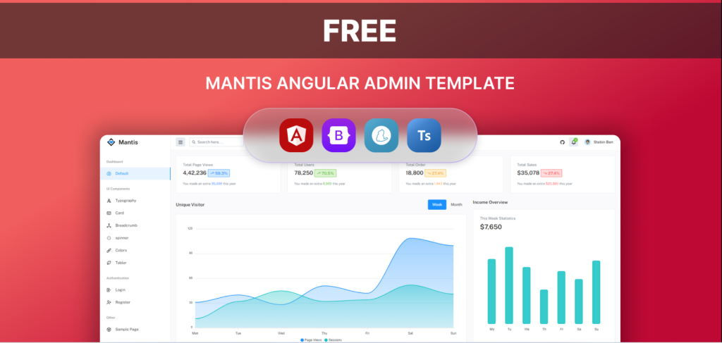 Free Angular Admin Dashboard Template built with Angular 18+and latest Bootstrap 5