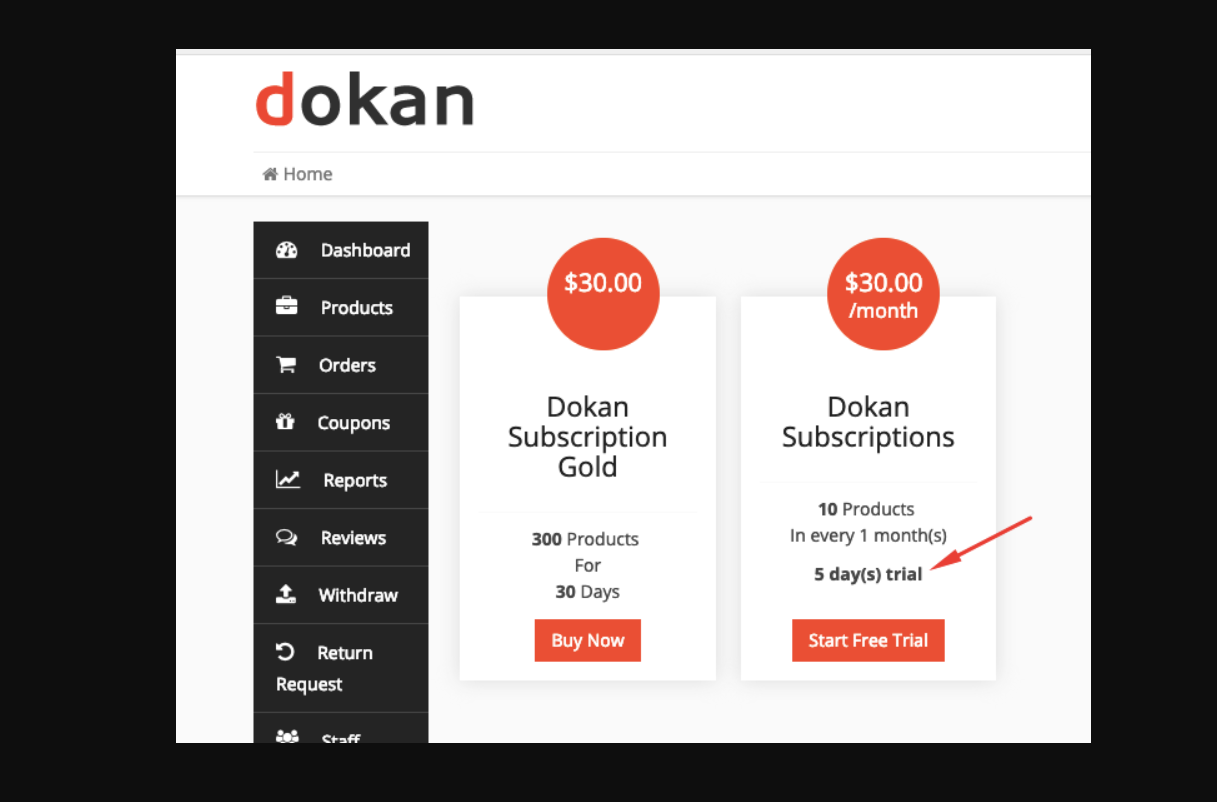 How can I implement a free trial for Dokan vendor subscriptions using custom code to prevent immediate charges?