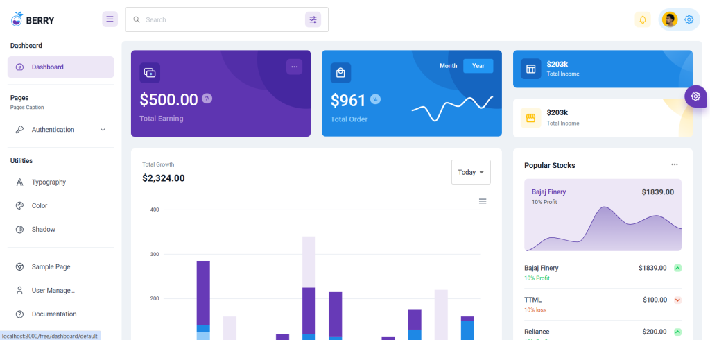 Berry free react material-ui admin template for easing and faster web development.